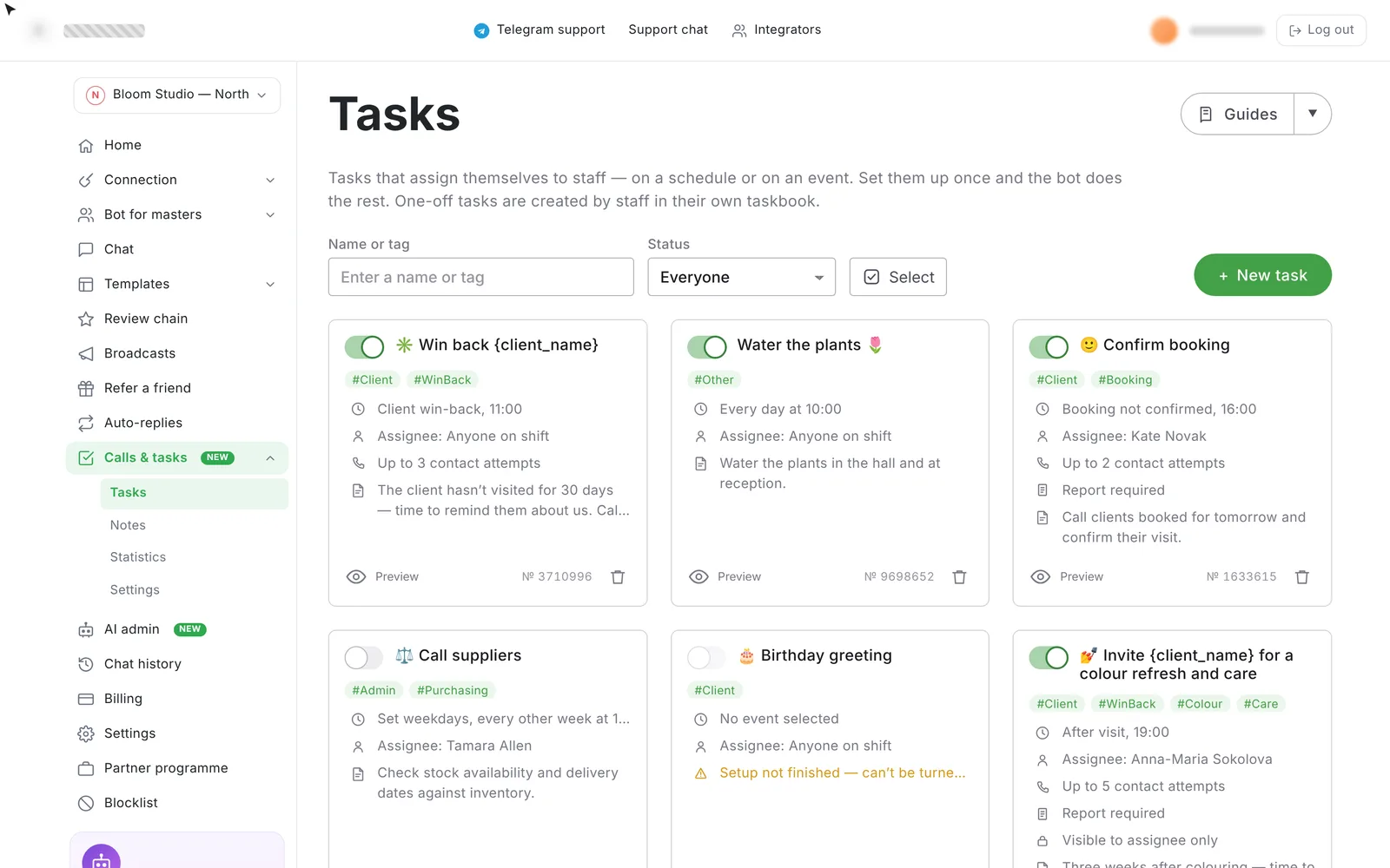 Tasks list with schedules, assignees and contact attempts