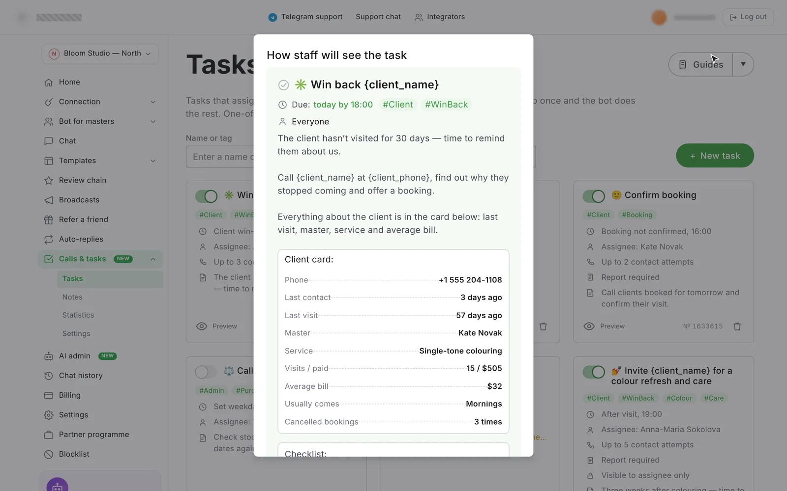 Preview modal showing the task card a staff member receives