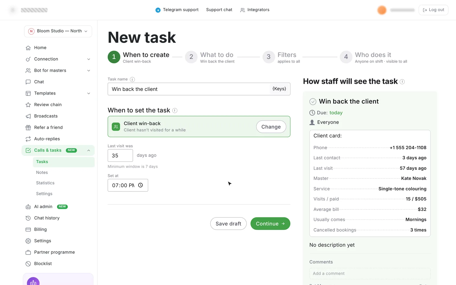 New task wizard, step 1: when to create the task