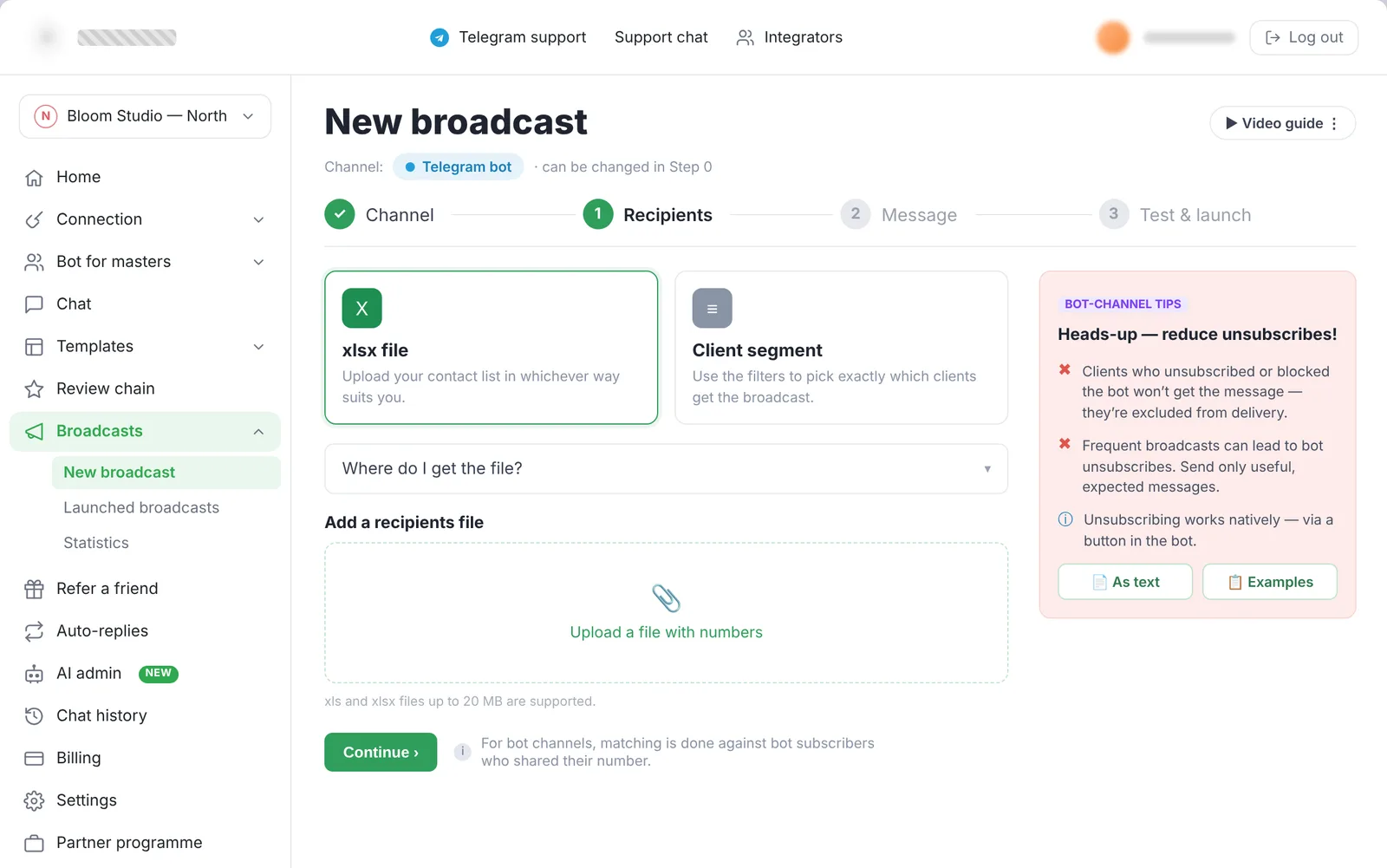 broadcasts — step 1, recipients from a file or a segment