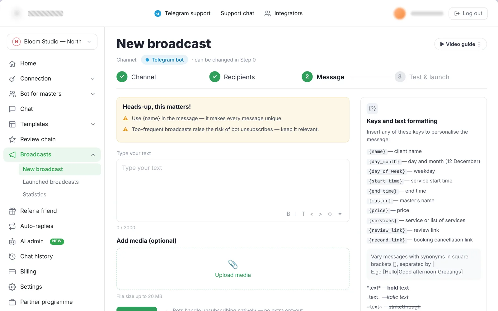 broadcasts — step 2, message with keys and channel tips