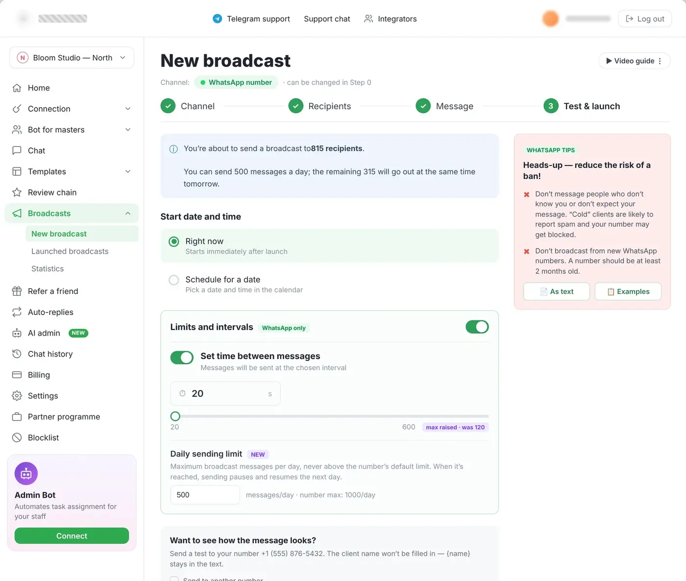 broadcasts — step 3, daily limit, interval and test send
