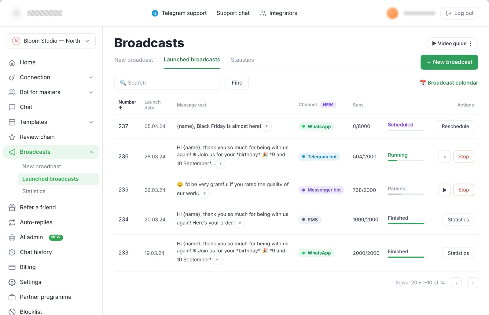 Launched broadcasts table with a channel badge and status per row