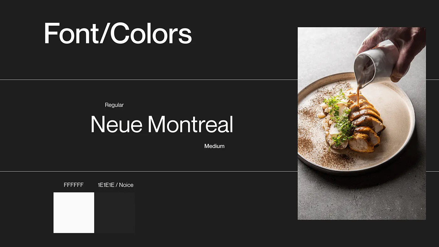 Brand foundations: Neue Montreal, black and white, and food photography as the hero.