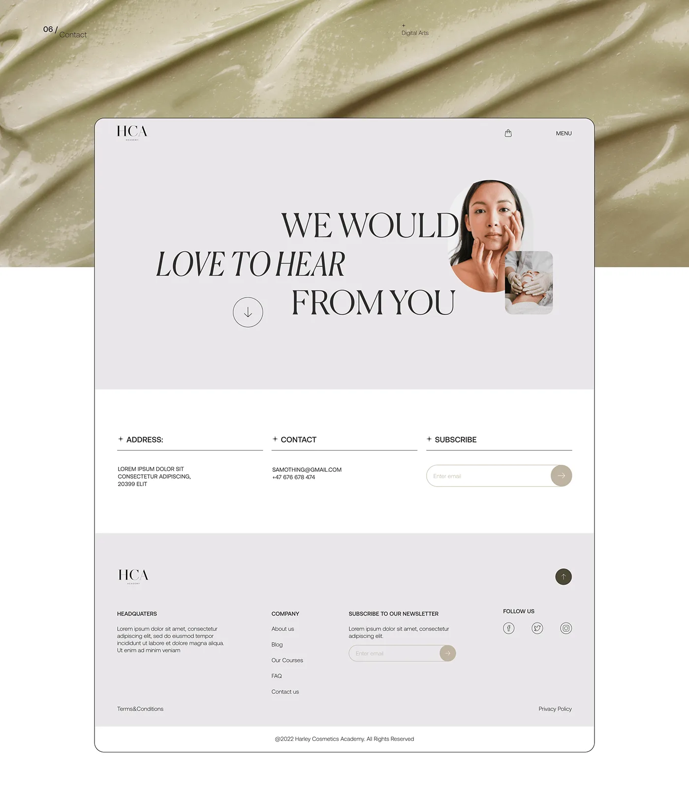 Contact and footer.