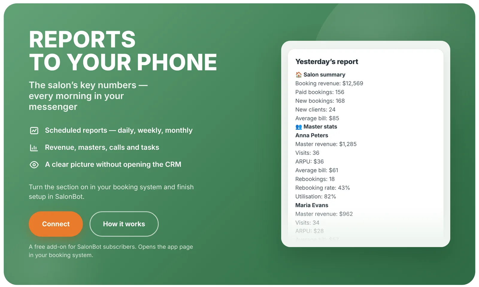 Reports to your phone — landing with a sample daily report