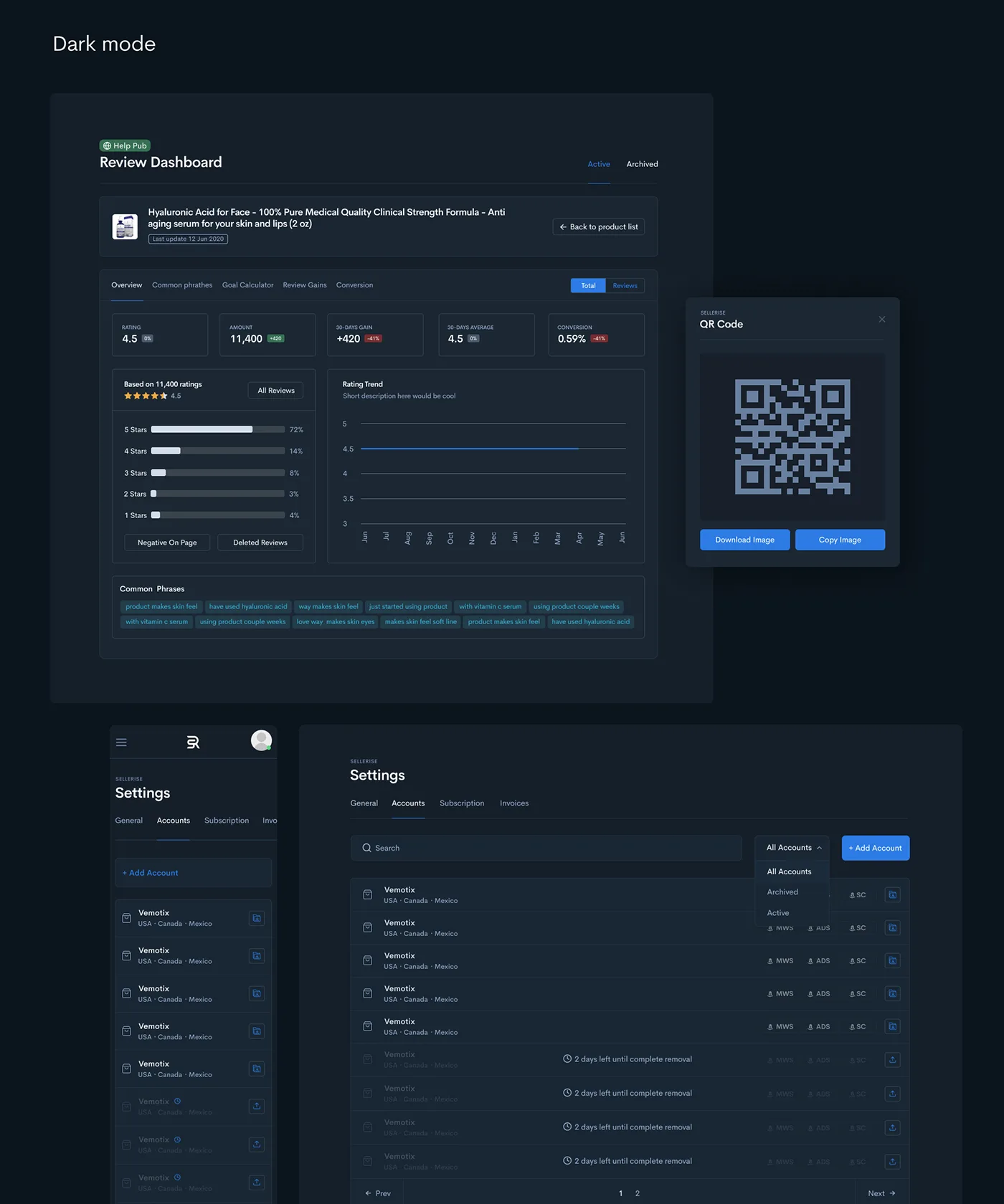 Sellerise dark theme: review dashboard, settings and inventory