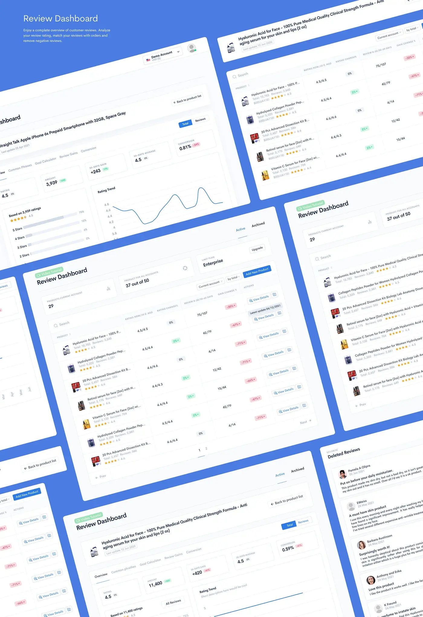 Review dashboard and inventory screens built on the same table pattern.