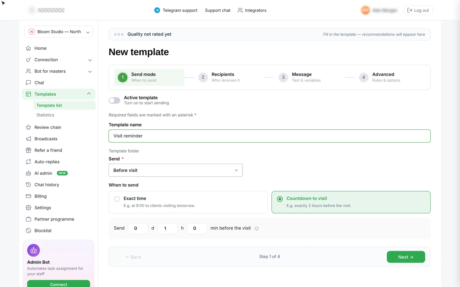 templates — step 1, send mode and timing