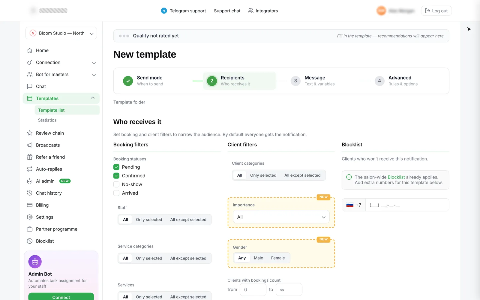 templates — step 2, booking and client filters