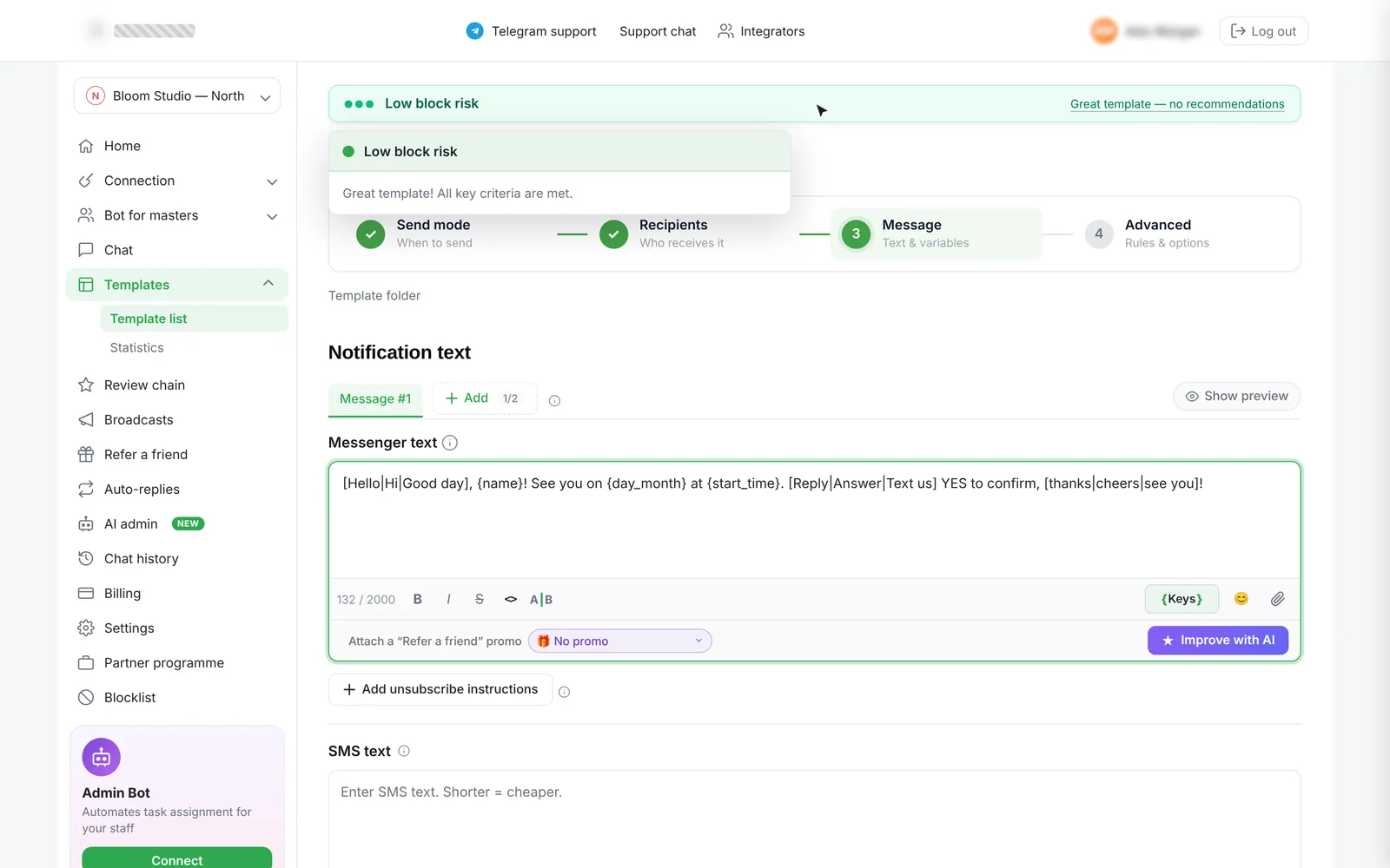 templates — step 3, message with a live low-risk score